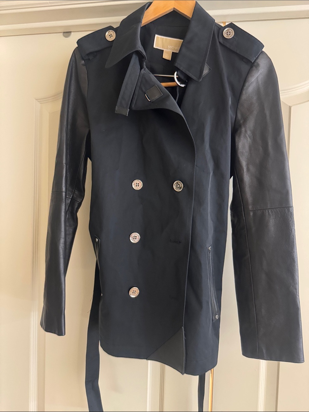 Michael Kors Black Mixed-Media Leather-Sleeve Trench Coat